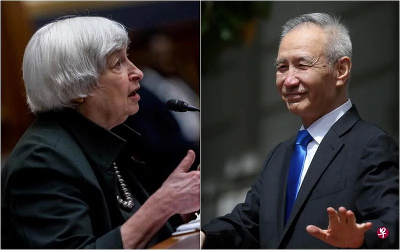 中国国务院副总理刘鹤（右）星期二（7月5日）应约与美国财长耶伦（左）进行视频会议 ... ...