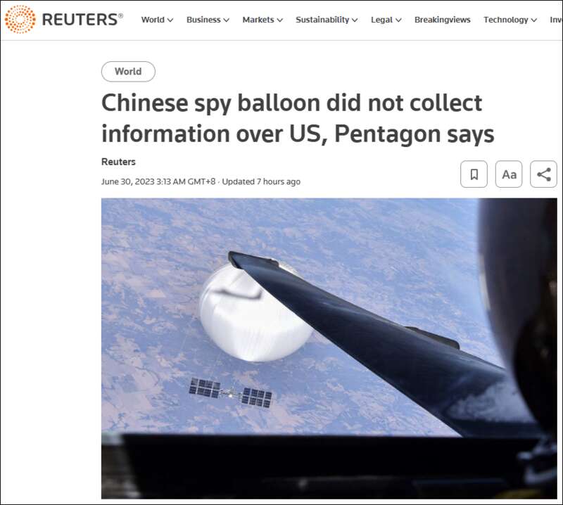 五角大楼：中国民用无人飞艇被击落 没有收集情报