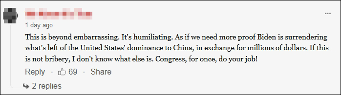 有人评价说这不仅是尴尬，更是羞辱，指责拜登政府“卖国”