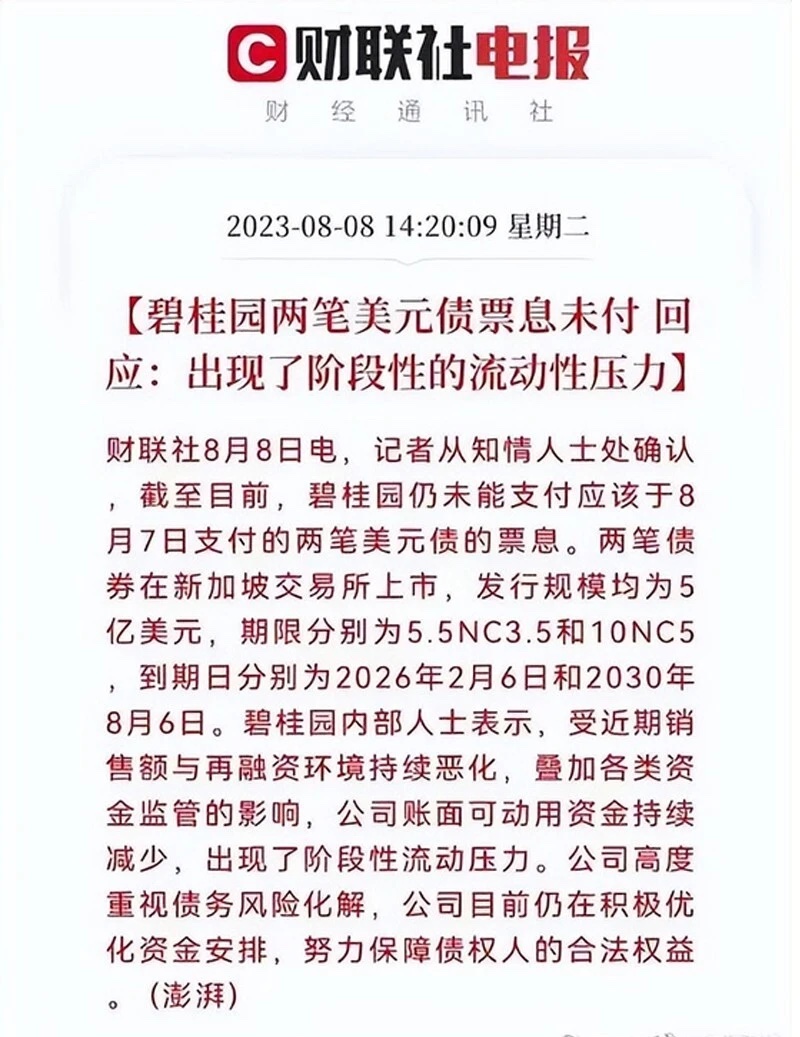 碧桂园两笔各5亿美元新加坡美元债票息到期未付