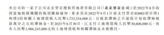 尚有人民币19.86亿元的土地增值税和相关滞纳金未被偿付