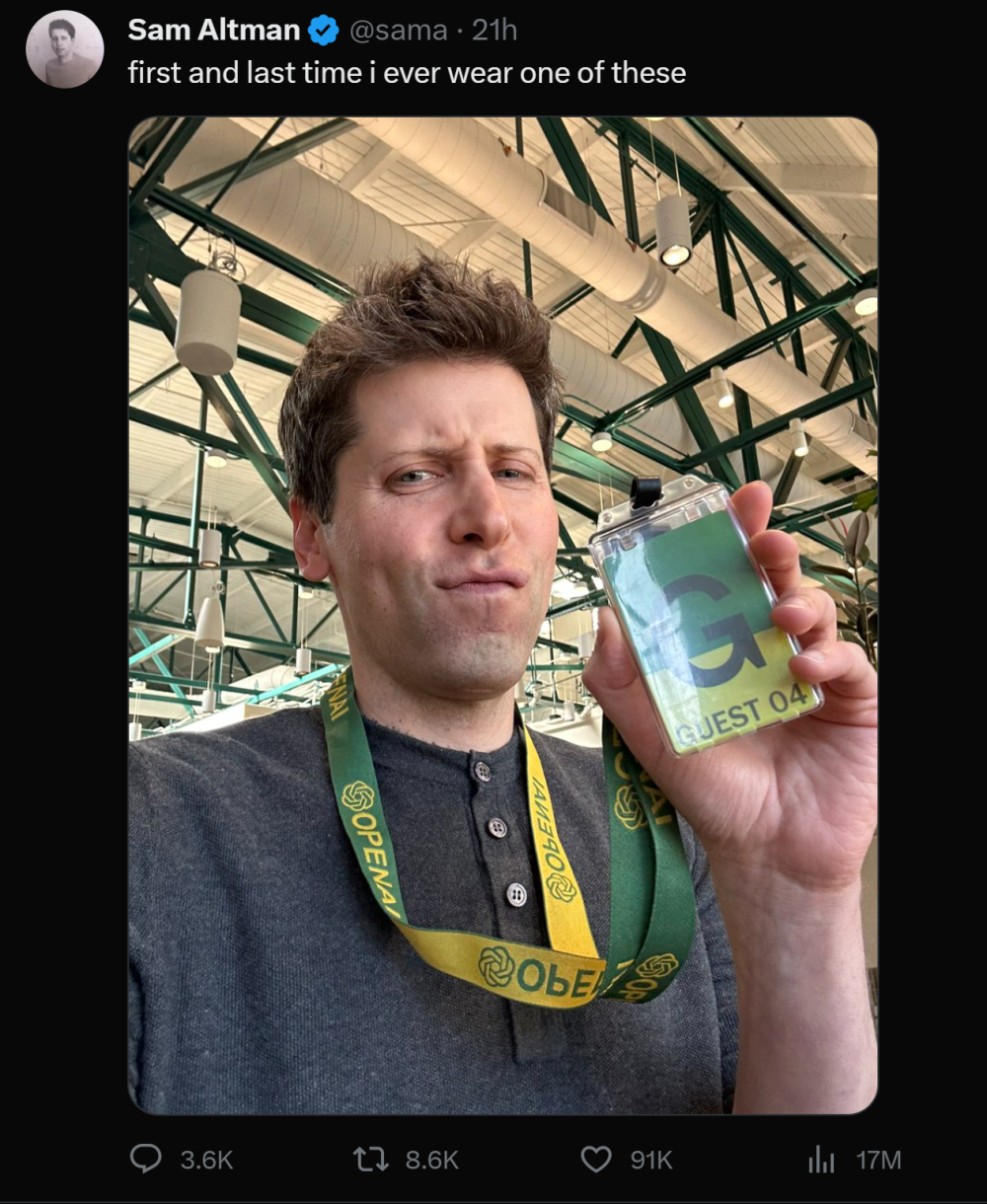 奥特曼在个人推特上晒出了一张在OpenAI总部作为访客身份的自拍照