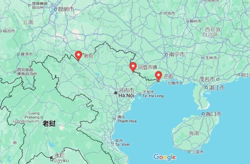 老街、同登、芒街在中越边境的位置