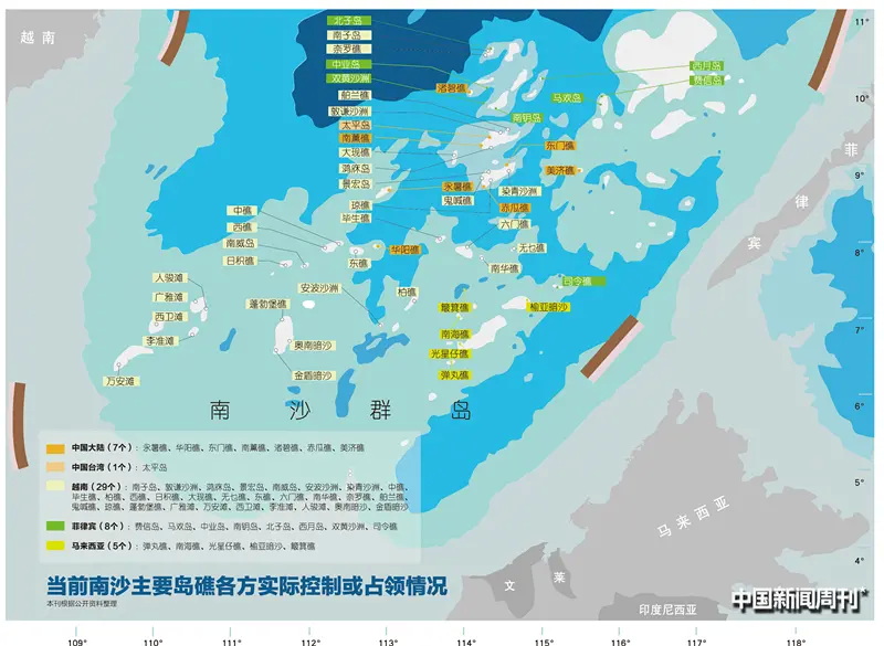 2016年，南沙主要岛礁各方实际控制或占领情况