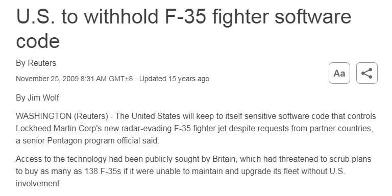 没有任何盟友能够得到F-35的核心源代码