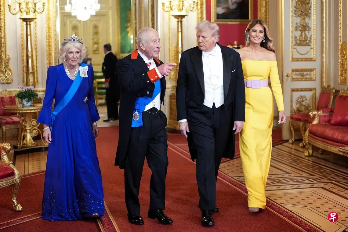 英国国王查尔斯三世（左二）与王后卡米拉在温莎城堡设国宴，款待美国总统特朗普（右二）和第一夫人梅拉尼娅 ...