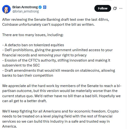 美国最大加密货币交易所Coinbase首席执行官Brian Armstrong突然在社交媒体上宣布“我们宁愿没有法案，也不 ...