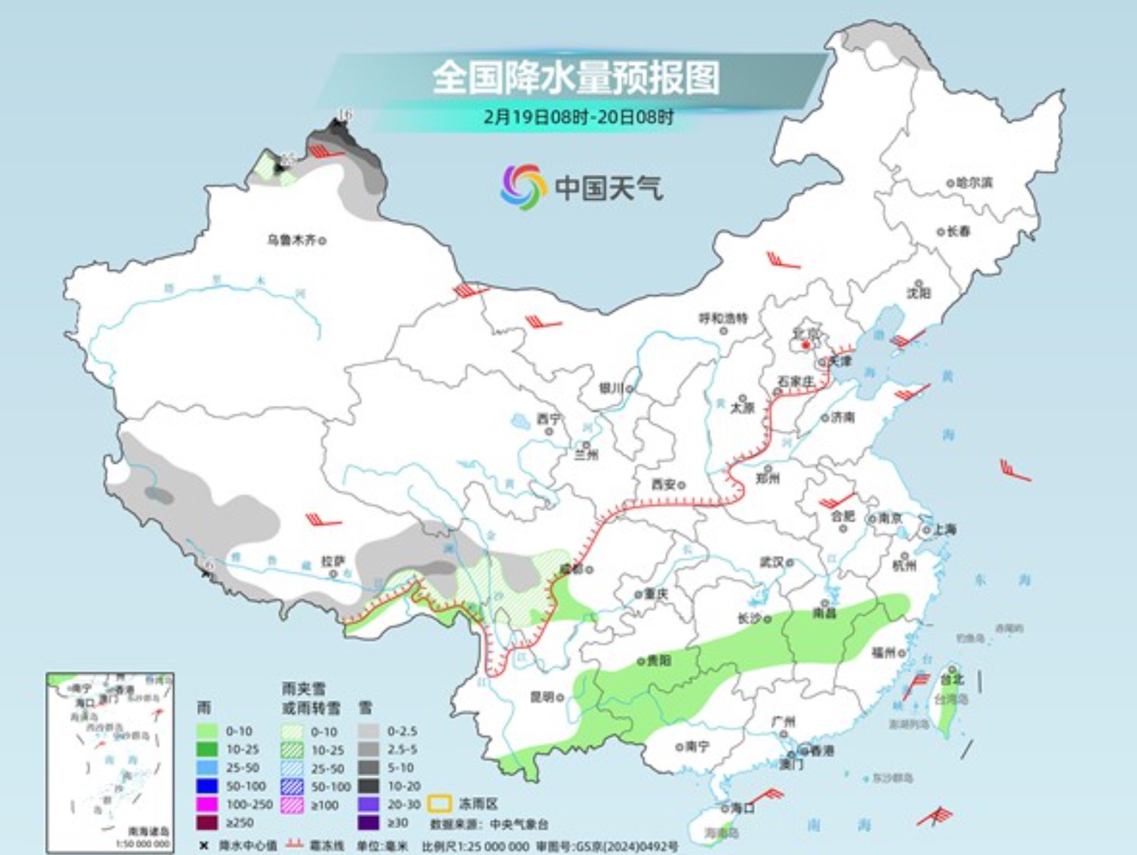 19日全国降水量预报