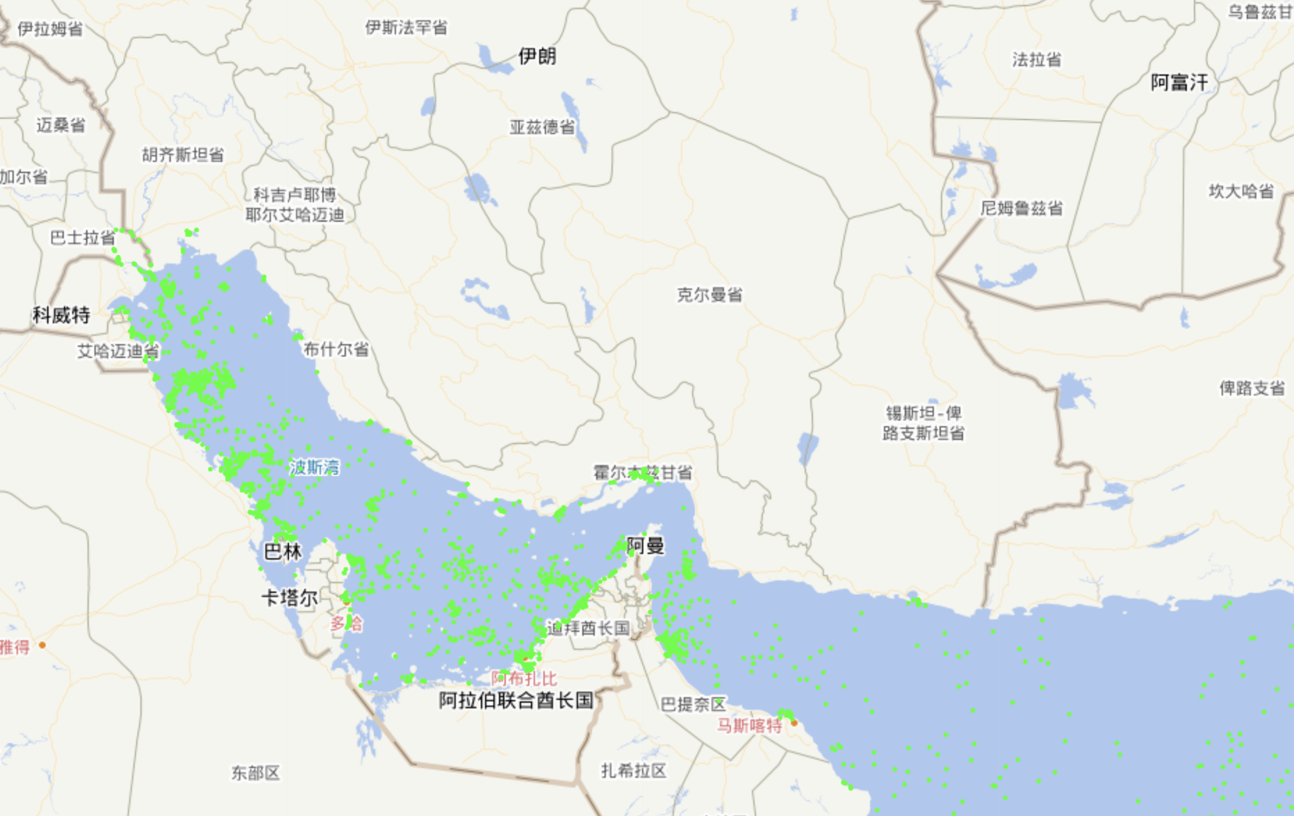 波斯湾内的实时船舶数有2857艘